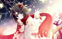  1girl anime_coloring antlers best blue_eyes blurry blush bokeh box brown_hair christmas christmas_ornaments deer_antlers depth_of_field dress frilled_dress frills gift gift_box hair_ornament hand_on_own_face hand_up highres horns kano_(utaite) kano_mahoro light_particles masterpiece official_art open_mouth pastel_colors quality red_scarf scarf short_hair soft_shading solo star-shaped_pupils star_(symbol) symbol-shaped_pupils upper_body waving white_dress 