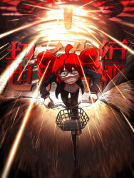  1girl ahoge baguette bicycle black_jacket black_pants bread commentary_request constricted_pupils drill_hair fleeing food highres jacket kasane_teto kuroiwa_brs long_hair open_clothes open_jacket pants red_hair riding riding_bicycle shirt solo song_name sweatdrop synthesizer_v twin_drills ultra_trailer_(synthesizer_v) utau v-shaped_eyebrows white_shirt 