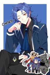  1boy 2others armor ascot black_pants black_shirt blood blue_ascot blue_background blue_coat blue_hair border character_name chesed_(project_moon) chibi chibi_inset closed_mouth coat coffee_mug commentary_request crossed_arms cup enperaa highres holding holding_cup library_of_ruina long_hair looking_at_viewer male_focus mug multiple_others multiple_views one_eye_closed outside_border pants project_moon scarecrow scarecrow_searching_for_wisdom shirt sitting smile steam warm-hearted_woodsman white_border yellow_eyes 