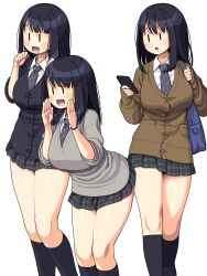  3girls black_cardigan black_hair black_socks blush breasts brown_cardigan cardigan collar collared_shirt highres holding holding_phone kneehighs large_breasts maruput miniskirt mob_face multiple_girls necktie open_mouth original phone plaid_clothes plaid_skirt pleated_skirt school_uniform shirt simple_background skirt smile socks swept_bangs white_background white_collar |_| 