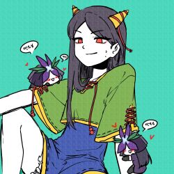  3girls black_gloves black_hair blush chibi china_dress chinese_clothes commentary_request cone_horns dress flower flower_on_head gloves green_background green_shirt heart highres horn_ornament horn_ribbon horns korean_commentary long_hair lovelobten multiple_girls nippaku_zanmu on_ground open_mouth purple_dress purple_flower red_eyes ribbon shirt short_sleeves shorts smile speech_bubble touhou translation_request vine_print yellow_horns yomotsu_hisami yuri 