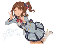  1girl 2l_(2lsize) blue_jacket blue_skirt boots bow bowtie brown_hair closed_eyes commentary_request diagonal-striped_bow diagonal-striped_bowtie diagonal-striped_clothes double_w facing_viewer grin high_heel_boots high_heels idolmaster idolmaster_million_live! idolmaster_million_live!_theater_days jacket kasuga_mirai knee_boots lapels leaning_forward leg_up long_sleeves notched_lapels official_alternate_costume one_side_up pretty_blue_pride_(idolmaster) red_bow red_bowtie short_hair simple_background skirt smile solo standing standing_on_one_leg striped_bow striped_bowtie striped_clothes w white_background white_boots 
