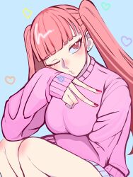  1girl alternate_costume aqua_background aqua_skirt arm_under_breasts blunt_bangs blush breasts contemporary earrings fire_emblem fire_emblem:_three_houses gemzukinomunira heart highres hilda_valentine_goneril jewelry large_breasts long_hair looking_at_viewer miniskirt nail_polish one_eye_closed pink_eyes pink_hair puckered_lips purple_sweater red_nails sitting skirt sleeves_past_wrists solo sweater thighs twintails v 