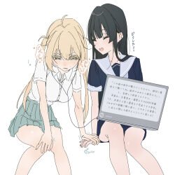  2girls ahoge black_hair blonde_hair blue_dress blunt_bangs breasts closed_eyes commentary_request dress earphones earphones fan_request feet_out_of_frame green_eyes green_skirt hair_between_eyes highres hime_cut large_breasts long_hair miniskirt multiple_girls original peing_(site) pleated_skirt request_inset sailor_dress shirt shirt_tucked_in short_sleeves simple_background sitting skirt twintails usurai_rairai white_background white_shirt 