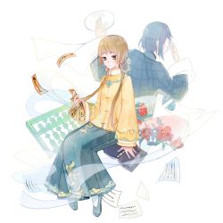  1boy 1girl abacus aqua_skirt back-to-back blue_hair blue_shirt blue_shoes blue_tabard book brown_eyes brown_hair chinese_clothes closed_mouth collared_shirt commentary_request dot_nose expressionless flats flower from_behind frown full_body hagoromo hair_flower hair_ornament hair_over_shoulder hair_rings hand_on_own_face high_collar holding holding_ofuda invisible_chair light_blush long_hair long_skirt long_sleeves looking_at_object low_twintails miqing ofuda original pages plaid_clothes plaid_shirt pleated_skirt puffy_long_sleeves puffy_sleeves red_flower shawl shirt shoes short_hair simple_background sitting skirt sleeve_cuffs sleeves_past_wrists socks solo_focus tabard twintails very_long_hair white_background white_flower white_socks yellow_shirt 