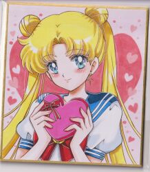  1girl bishoujo_senshi_sailor_moon blonde_hair blue_eyes blue_sailor_collar blue_trim blush bow box box_of_chocolates chikoto_(kztc4472) closed_mouth commentary crescent crescent_earrings double_bun earrings hair_bun hands_up heart heart-shaped_box heart_background highres holding holding_box jewelry lips lone_nape_hair long_hair looking_at_viewer photo_(medium) picture_frame pink_background puffy_short_sleeves puffy_sleeves red_bow ribbon sailor_collar school_uniform serafuku shirt short_sleeves smile solo traditional_media transformation_brooch_(sailor_moon) tsukino_usagi upper_body valentine white_shirt 