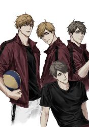 2boys ball black_shirt brothers commentary_request grey_hair haikyuu!! highres holding holding_ball jacket korean_commentary male_focus mismatched_eyebrows miya_atsumu miya_osamu multiple_boys pants red_jacket shirt short_hair siblings simple_background sitting sso_s track_jacket twins unzipped volleyball_(object) white_background white_pants 
