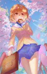  1girl absurdres anpan antenna_hair bag blue_shirt blue_skirt blue_sky blurry blurry_background blush brown_bag brown_eyes brown_hair buttons cherry_blossoms clannad commentary cowboy_shot dappled_sunlight day depth_of_field eyes_visible_through_hair falling_petals floating_hair flowingcrescent food food_on_face from_below furukawa_nagisa hair_between_eyes hair_intakes hair_ornament hairclip hand_up highres hikarizaka_private_high_school_uniform holding holding_bag holding_food jacket long_sleeves looking_at_viewer medium_hair miniskirt outdoors parallel_hairclips petals pleated_skirt sailor_collar school_bag school_uniform serafuku shirt skirt sky solo spring_(season) sunlight tareme thighs turtleneck turtleneck_shirt white_sailor_collar yellow_jacket 