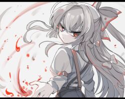  1girl back bow closed_mouth commentary_request fire from_behind fujiwara_no_mokou grey_background hair_between_eyes hair_bow hair_ribbon hall_jion long_hair long_sleeves looking_at_viewer looking_back pants red_eyes ribbon serious shirt solo touhou white_hair white_shirt 