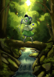 1girl black_hat boots bow brown_boots commentary_request daia_(daia9132) eyeball fang forest frilled_shirt_collar frilled_skirt frilled_sleeves frills from_side full_body green_eyes green_hair green_skirt hat hat_bow heart heart_of_string highres holding komeiji_koishi long_sleeves nature open_mouth outdoors shirt skin_fang skirt solo stream third_eye touhou tree wide_sleeves yellow_bow yellow_shirt 