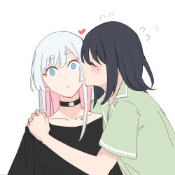  2girls black_choker black_shirt blue_eyes blush cho_kaguya-hime! choker closed_eyes collarbone_piercing colored_inner_hair commentary english_commentary facing_another flying_sweatdrops green_pajamas hand_on_another's_shoulder highres hinagi_(fox_priest) mole mole_under_eye multicolored_hair multiple_girls pajamas pink_hair runami_yachiyo sakayori_iroha shirt two-tone_hair upper_body white_background white_hair yuri 