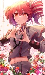  1girl ahoge belt black_belt blush bow breasts brown_eyes buttons closed_mouth commentary_request double-breasted drill_hair flower four-finger_heart_hands grey_jacket grey_skirt hair_between_eyes hair_bow hair_ribbon heart heart_hands highres jacket kasane_teto kasane_teto_(sv) layered_sleeves long_sleeves looking_at_viewer midriff_peek musical_staff musical_staff_print navel pink_flower red_flower red_nails red_trim regress ribbon shoulder_belt shoulder_boards skirt skirt_set small_breasts smile solo striped_clothes striped_jacket synthesizer_v too_many_flowers twin_drills utau white_background white_bow white_flower white_ribbon 