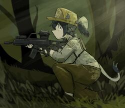  1girl animal_ears breasts cow_ears cow_horns cow_tail forest gun horns ijn_kako indie_virtual_youtuber large_breasts looking_at_viewer military_uniform nature rifle squatting tail virtual_youtuber weapon wishy_(vtuber) 