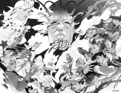  1girl 6+boys baseball_cap battle_tendency birthmark chinese_commentary commentary_request diamond_wa_kudakenai diavolo diego_brando dio_brando dixie_cup_hat dm_(dai_miao) enrico_pucci fingerless_gloves funny_valentine giorno_giovanna gloves greyscale hair_bun hat helmet hermit_purple higashikata_josuke higashikata_josuke_(jojolion) highres hood hood_up jodio_joestar joestar_birthmark johnny_joestar jojo_no_kimyou_na_bouken jojolion jonathan_joestar joseph_joestar joseph_joestar_(young) kars_(jojo) kira_yoshikage kujo_jolyne kujo_jotaro military_hat monochrome multiple_boys necktie peace_symbol phantom_blood phantom_blood_(movie) polar_opposites pompadour sailor scarf stand_(jojo) star_(symbol) star_print stardust_crusaders steel_ball_run stone_free stone_mask_(jojo) stone_ocean striped_clothes striped_scarf suit the_jojolands toru_(jojolion) vento_aureo vertical-striped_clothes vertical-striped_scarf victory_rolls 