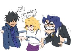  1boy 2girls :d ahoge anger_vein arcueid_brunestud black_hair blue_eyes blue_jacket blue_shirt blush ciel_(tsukihime) commentary cross cross_necklace curtained_hair english_commentary english_text hair_between_eyes hair_intakes isaacshouse2 jacket jewelry messy_hair multiple_girls necklace nun official_alternate_costume partially_shaded_face pointing pointing_at_viewer purple_skirt red_eyes sharp_teeth shirt sketch skirt smile sweater teeth tohno_shiki trembling tsukihime tunic turtleneck turtleneck_sweater unfinished white_sweater wing_collar 