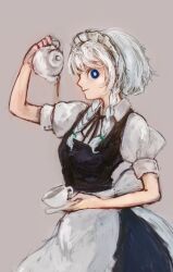 1girl apron back_bow black_ribbon blue_dress blue_eyes bow braid brown_background closed_mouth collared_shirt commentary cup dress green_bow grey_hair hair_bow haruaki_(onkai_planaria) holding holding_saucer holding_teapot izayoi_sakuya long_hair looking_at_viewer maid maid_headdress neck_ribbon pouring puffy_short_sleeves puffy_sleeves ribbon romaji_commentary saucer shirt short_sleeves simple_background smile solo tea teacup teapot touhou twin_braids waist_apron white_apron white_bow white_shirt 