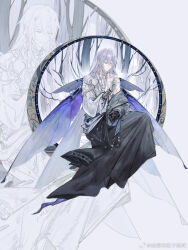  1boy 1girl asymmetrical_gloves bare_tree black_gloves black_robe bracer braid cael_anselm chinese_commentary closed_eyes closed_mouth commentary_request diamond_hair_ornament ear_covers earrings expressionless fairy fairy_wings full_body gloves hair_between_eyes hair_flowing_over heroine_(lovebrush_chronicles) highres insect_wings jewelry long_hair long_hair_between_eyes long_sleeves lovebrush_chronicles male_focus mini_person mini_person_on_arm minigirl mismatched_gloves multiple_rings on_crescent pointy_ears purple_wings ring robe side_braid silhouette silver_earrings simple_background single_bare_shoulder single_earring single_off_shoulder sitting solo tree two-tone_robe very_long_hair watermark weibo_watermark white_background white_gloves white_robe wings wo_yao_he_beizi_suo_si zoom_layer 