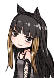  1girl animal_ears bare_shoulders black_hair black_sleeves blunt_bangs blush camouflage_tank_top cat_ears closed_mouth commentary cross-laced_clothes cross-laced_sleeves detached_sleeves dot_nose grey_tank_top head_tilt hime_cut i.u.y kuroyoru_umidori lace-up light_blush long_hair long_sidelocks long_sleeves looking_at_viewer multicolored_hair sidelocks simple_background solo tank_top toaru_majutsu_no_index toaru_majutsu_no_index:_new_testament two-tone_hair upper_body wavy_mouth white_background 