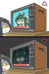  2girls absurdres arknights arknights:_endfield commentary dragon_horns endministrator_(arknights) female_endministrator_(arknights) green_eyes green_hair highres horns long_hair mask multiple_girls short_hair television underdatv zhuang_fangyi_(arknights) 