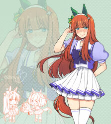  2girls adjusting_hair animal_ears arm_behind_back blue_eyes bouquet bow chibi chibi_inset closed_mouth green_ribbon hair_ribbon highres holding holding_bouquet horse_ears horse_girl horse_tail j2citrus long_hair looking_at_viewer multiple_girls orange_hair pleated_skirt puffy_short_sleeves puffy_sleeves purple_bow purple_shirt purple_trim ribbon sailor_collar shirt short_hair short_sleeves silence_suzuka_(umamusume) skirt smile solo_focus special_week_(umamusume) tail thigh-highs twitter_username umamusume white-hairband white_sailor_collar white_skirt white_thighhighs zoom_layer 