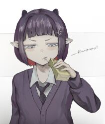  1girl anger_vein blunt_bangs cardigan churiro_art collared_shirt colored_inner_hair drink_carton drinking drinking_straw grey_eyes highres hololive hololive_english juice_box mole mole_under_eye multicolored_hair necktie ninomae_ina'nis pointy_ears purple_cardigan purple_hair purple_necktie red_hair shirt solo tentacle_hair virtual_youtuber white_shirt 