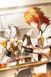  2boys absurdres alternate_costume antenna_hair apple arm_tattoo blonde_hair blue_eyes braid cake chimera_(honkai:_star_rail) chinese_commentary commentary_request facial_tattoo food fruit gradient_hair grapes highres holding holding_food holding_pastry_bag honkai:_star_rail honkai_(series) male_focus medium_hair multicolored_hair multiple_boys mydei_(fig_stew)_(honkai:_star_rail) mydei_(honkai:_star_rail) neck_tattoo notice_lines one_eye_closed parted_bangs pastry_bag phainon_(honkai:_star_rail) phainon_(vigethos)_(honkai:_star_rail) qiaose33912 red_hair red_tattoo short_hair side_braid tattoo white_hair yellow_eyes 