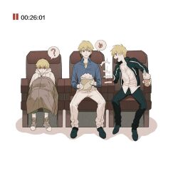  3boys ? ^^^ bags_under_eyes black_pants black_shoes blonde_hair blue_shirt boots brown_boots brown_jacket bucket chair child child_gilgamesh_(fate) closed_eyes collarbone collared_shirt copyright_name cup disposable_cup drinking_straw earrings empty_eyes fate/grand_order fate/hollow_ataraxia fate/stay_night fate_(series) food full_body gilgamesh_(caster)_(fate) gilgamesh_(establishment)_(fate) gilgamesh_(fate) gilgamesh_(immoral_biker_jacket)_(fate) gold_earrings gold_necklace green_pants hair_between_eyes holding holding_bucket holding_cup hood hoodie hoop_earrings jacket jewelry long_sleeves looking_at_another looking_down male_focus multiple_boys multiple_persona necklace nunok official_alternate_costume on_chair open_clothes open_jacket open_mouth pants pause_button popcorn red_eyes shadow shirt shoes short_hair smile speech_bubble spoken_question_mark spread_legs star_(symbol) t-shirt talking teeth thumbs_up unworn_jacket v-shaped_eyebrows waking_up white_hoodie white_pants white_shirt wide-eyed 