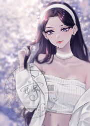  1girl bare_shoulders choker crop_top earrings fingernails hair_intakes hairband highres holding_own_hair jacket jewelry light_smile lipstick looking_at_viewer makeup midriff necklace original purple_hair purple_nails shirt solo sparrow_ame straight-on straight_hair strapless strapless_shirt stud_earrings tube_top upper_body violet_eyes watermark white_choker white_hairband white_jacket white_shirt 