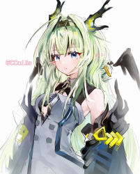  1girl absurdres arknights arknights:_endfield blue_eyes breasts character_request dress green_hair highres horns long_hair parted_lips pointy_ears sakuratani_hane simple_background small_breasts solo upper_body white_background white_dress 