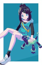  1girl at_kiwi bag black_hair black_shirt black_socks blue_eyes closed_mouth commentary eyelashes hair_bun hair_ornament hairclip hood hood_down hooded_vest hoodie liko_(pokemon) petting pokemon pokemon_(anime) pokemon_(creature) pokemon_horizons shirt shoes shorts single_hair_bun socks swept_bangs terapagos vest white_shoes white_shorts yellow_bag 