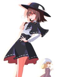  2girls asymmetrical_sidelocks black_capelet black_hat black_skirt blonde_hair blue_eyes bone_vone book bow bowtie brown_hair buttons cape capelet collared_dress collared_shirt commentary_request contrast_collar dress feet_out_of_frame film_grain hand_on_own_hip hat hat_bow high-waist_skirt highres holding holding_book long_sleeves looking_back maribel_hearn medium_hair mob_cap multiple_girls purple_dress red_bow red_bowtie red_cape red_skirt ribbon-trimmed_capelet ribbon-trimmed_skirt ribbon_trim shadow shirt shirt_tucked_in sidelocks skirt smile solo_focus touhou two-sided_capelet two-sided_fabric two-sided_skirt usami_renko v white_hat white_shirt 