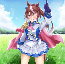  1girl absurdres animal_ears ascot asymmetrical_gloves blue_eyes blue_gloves blue_sky blush breasts brown_hair buttons cape clouds commentary_request day double-breasted ear_ribbon epaulettes gloves grass hair_between_eyes high_ponytail highres horse_ears horse_girl horse_tail jacket long_hair long_sleeves looking_at_viewer mismatched_gloves multicolored_hair multicolored_jacket one_eye_closed open_mouth outdoors pink_ascot pink_cape ponytail single_epaulette single_hair_streak skirt sky small_breasts solo streaked_hair tail taishi_karibe teeth tokai_teio_(peak_joy)_(umamusume) tokai_teio_(umamusume) two-tone_hair two-tone_jacket two-tone_skirt umamusume white_gloves white_hair white_jacket white_skirt white_streaks 