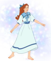  1girl anastasia_(1997) anya_(anastasia) barefoot blue_bow blue_eyes blue_ribbon blush bow commentary dress full_body hair_bow highres looking_to_the_side looking_up outstretched_arms parted_lips pink_lips ponytail red_hair ribbon sariahgomez signature solo 
