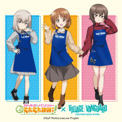  3girls ankle_boots apron black_boots black_ribbon black_shoes blue_apron blue_eyes boots brown_boots brown_eyes brown_hair brown_sweater casual closed_mouth collared_dress collared_shirt commentary_request copyright_name copyright_notice dress employee_uniform english_text girls_und_panzer girls_und_panzer_motto_love_love_sakusen_desu! grey_dress grey_hair grey_skirt hand_in_own_hair hand_on_own_hip itsumi_erika jewelry long_sleeves medium_dress medium_hair multiple_girls neck_ribbon necklace nishizumi_maho nishizumi_miho official_alternate_costume official_art open_mouth pleated_dress polka_dot_sweater red_sweater ribbon shirt shoes short_hair siblings sisters skirt smile sneakers standing standing_on_one_leg sweater turtleneck turtleneck_sweater village_vanguard waving white_shirt 