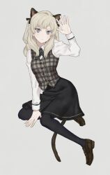  1girl animal_ears arm_support black_skirt blonde_hair blue_eyes breasts buttons cat_ears cat_girl cat_tail collared_shirt commentary_request hand_up highres legs loafers long_hair long_sleeves looking_at_viewer medium_breasts mege_(megechan) original pantyhose plaid_clothes plaid_vest shirt shoes simple_background sitting skirt solo tail thigh-highs thighs vest white_background white_shirt 