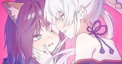  2girls animal_ears bare_shoulders black_hair blue_eyes blue_hair blush cho_kaguya-hime! eye_contact face-to-face forehead_jewel fox_ears green_eyes halterneck hand_on_another's_cheek hand_on_another's_face long_hair looking_at_another multicolored_hair multiple_girls one_eye_closed open_mouth pink_background pink_hair runami_yachiyo s19730677 sakayori_iroha short_hair smile two-tone_hair upper_body vignetting white_hair yuri 