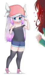  2girls arm_up black_shirt black_thighhighs blush child closed_mouth commentary_request denim denim_shorts dragon_girl dragon_horns fufunoko green_shirt heart highres horns kanna_kamui kobayashi-san_chi_no_maidragon long_hair long_sleeves looking_down multiple_girls open_mouth pink_hair pink_shoes purple_hair red_hair saikawa_riko shirt shoes short_shorts shorts solo_focus standing thigh-highs trembling white_background 