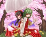 ascot chourui digital_media_player green_hair hakurei_reimu ipod japanese_clothes kazami_yuuka miko multiple_girls parasol plaid plaid_skirt plaid_vest ribbon sitting skirt skirt_set tartan tori_rui touhou umbrella yuri