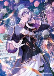  1boy black_jacket blurry commentary_request depth_of_field fireworks fuwa_minato gloves hair_between_eyes happy_birthday headset hinatsu idol_clothes jacket looking_at_viewer male_focus multicolored_hair nijisanji nijisanji_idol_uniform official_art parted_lips pink_hair purple_hair short_hair solo star_balloon streaked_hair violet_eyes virtual_youtuber white_gloves white_hair 