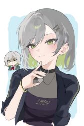  1girl arm_at_side black_choker black_jacket blush bracelet chibi chibi_inset choker closed_mouth clothes_writing colored_inner_hair commentary_request cropped_torso ear_piercing find_the_dream_view_(project_sekai) finger_to_own_chin green_eyes green_hair green_jacket grey_hair hair_ornament hairclip hand_up highres hinomori_shiho holding holding_jewelry holding_necklace jacket jewelry korean_commentary looking_at_viewer miyamasuzaka_girls'_academy_school_uniform multicolored_hair neckerchief necklace nyungcha11 official_alternate_costume open_clothes open_jacket partially_shaded_face piercing plectrum_necklace project_sekai sailor_collar school_uniform shirt short_hair solo tsurime upper_body white_sailor_collar x_hair_ornament 