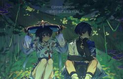  1boy 1girl ahoge anemo_symbol_(genshin_impact) animal_print aqua_gem armor averting_eyes bird_print black_bodysuit black_bow black_bridal_gauntlets black_gloves black_hair black_shorts blue_cape blue_eyes blue_hat blue_kimono blue_skirt blue_sleeves blunt_ends blush bodystocking bodysuit borrowed_clothes bow bridal_gauntlets cape chinese_clothes chinese_knot closed_mouth cloud_print colored_tips commission couple covered_collarbone crop_top eyelashes eyeliner feathered_wings fingernails furisode gem genshin_impact gloves gold gold_ring gold_trim hand_on_own_face hands_up hat head_wings hetero highres improvised_umbrella japanese_armor japanese_clothes jingasa juban kimono knees_up kote kurokote layered_sleeves leg_warmers legs_together long_sleeves looking_at_another looking_to_the_side makeup mandarin_collar middle_ring mole mole_under_eye multicolored_hair oc_x_canon open_clothes open_kimono original outdoors partially_fingerless_gloves purple_sash rain red_eyeliner rukkhashava_mushroom_(genshin_impact) sash scaramouche_(genshin_impact) short_sleeves shorts shoulder_peek side_cape sitting skirt taking_shelter tareme tree twitter_username violet_eyes vision_(genshin_impact) wanderer_(genshin_impact) watermark white_kimono white_leg_warmers white_shorts white_sleeves wings wispy_bangs yunhhj 