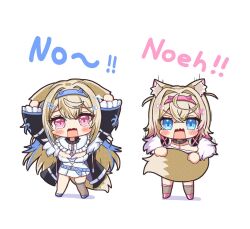  2girls angry animal_collar animal_ears bandaid bandaid_hair_ornament belt bib_collar black_collar black_jacket blonde_hair blue_belt blue_eyes blue_hairband blue_shoes blue_streaks blush_stickers breasts center_frills chibi chibi_only cleavage_cutout clothing_cutout collar commentary_request covering_own_ears crossed_bangs detached_collar dog_ears dog_girl dog_tail double-parted_bangs dress ears_down english_text fake_horns frilled_shirt_collar frills fur-trimmed_jacket fur_trim fuwawa_abyssgard fuwawa_abyssgard_(1st_costume) grabbing_own_tail hair_between_eyes hair_intakes hair_ornament hairband hairclip highres holding_own_tail hololive hololive_english horn_hairband horns jacket kneehighs large_breasts long_hair long_sleeves looking_at_viewer mococo_abyssgard mococo_abyssgard_(1st_costume) multicolored_hair multiple_girls over-kneehighs parallel_hairclips pink_eyes pink_hairband pink_streaks raised_inner_eyebrows sabamiso_(tomomon021831) shoes short_dress short_hair siblings single_over-kneehigh single_thighhigh sisters socks spiked_collar spikes streaked_hair tail thigh-highs twins two_side_up v-shaped_eyebrows virtual_youtuber wavy_mouth white_dress x_hair_ornament 