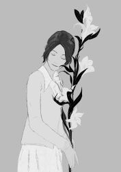  1girl absurdres breasts cardigan closed_eyes closed_mouth collared_dress commentary cowboy_shot dress english_commentary flower grey_background grey_cardigan greyscale highres holding holding_flower lettalettaletta light_smile mary_shepherd-sunderland medium_breasts monochrome parted_bangs silent_hill_(series) silent_hill_2 solo updo white_dress white_flower 