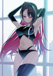  1girl absurdres armpits azki_(1st_costume)_(hololive) azki_(hololive) bikini black_bikini black_gloves black_hair breasts gloves hair_ornament highres hololive large_breasts long_hair midriff mira_bluesky3 navel pink_hair revealing_clothes swimsuit thigh-highs thighs violet_eyes virtual_youtuber 