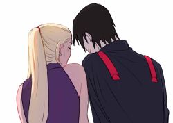  1boy 1girl absurdres bare_arms bare_shoulders black_hair blonde_hair blush boruto:_naruto_next_generations boruto_(series) closed_eyes couple earrings eyelashes hair_ribbon highres husband_and_wife jacket jewelry leaning_on_person light_smile messy_hair naruto:_the_last naruto_(series) naruto_shippuuden pale_skin ponytail ribbon sai_(naruto) shirt sleeveless sleeveless_shirt smile spiky_hair white_background xmonday_mintx yamanaka_ino 