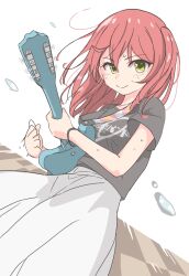  1girl black_shirt blush bocchi_the_rock! electric_guitar gibson_les_paul green_eyes guitar highres holding holding_guitar holding_instrument holding_plectrum instrument kita_ikuyo kureijii_saiko one_side_up plectrum red_hair shirt short_sleeves skirt smile solo sweat t-shirt white_background white_skirt 