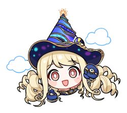  1girl artist_request blonde_hair blue_dress blue_gloves blue_hat blush_stickers bracelet bright_pupils brown_eyes chibi clouds covenant_of_time_(infinity_nikki) cropped_torso disembodied_eye dress drill_hair elbow_gloves fist_pump from_above gloves gold_bracelet gold_ring happy hat hat_ornament hexagram infinity_nikki jewelry long_hair looking_at_viewer low_twintails multiple_bracelets multiple_rings nikki_(series) official_art open_mouth ring ring_on_every_finger smile solo star_(symbol) star_hat_ornament sticker_(medium) strapless strapless_dress striped_clothes striped_headwear swept_bangs tareme transparent_background twintails two-sided_fabric two-sided_headwear white_pupils wizard wizard_hat 