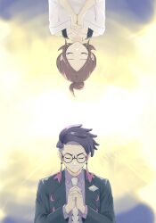  1boy 1girl black_jacket brown_hair closed_eyes collarbone collared_shirt commentary_request corbeau_(pokemon) glasses hanabi9103sub harmony_(pokemon) highres jacket layered_sleeves long_sleeves necktie off-shoulder_shirt off_shoulder open_clothes open_jacket own_hands_clasped own_hands_together pokemon pokemon_legends:_z-a purple_hair purple_shirt round_eyewear shirt short_hair white_necktie white_shirt 
