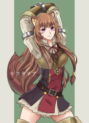  1girl animal_ears apoloniodraws armor arms_up belt black_dress blunt_bangs boots breastplate breasts brown_belt brown_boots brown_gloves brown_hair character_name closed_mouth collared_dress commentary cowboy_shot dress elbow_gloves gloves green_background hair_tubes high_collar highres layered_dress long_hair long_sleeves looking_at_viewer medium_breasts metal_arm_cuffs metal_hair_tubes metal_wrist_cuffs neck_ribbon pinstripe_dress pinstripe_pattern raccoon_ears raccoon_girl raccoon_tail raphtalia red_dress red_eyes red_ribbon ribbon short_dress sleeveless sleeveless_dress smile solo striped_clothes striped_dress tail tate_no_yuusha_no_nariagari thigh_boots translated two-tone_background two-tone_dress white_background white_dress 