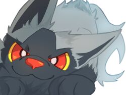  :3 colored_sclera commentary_request e_eee_g highres looking_at_viewer lying no_humans on_stomach pokemon pokemon_(creature) poochyena red_eyes simple_background white_background yellow_sclera 